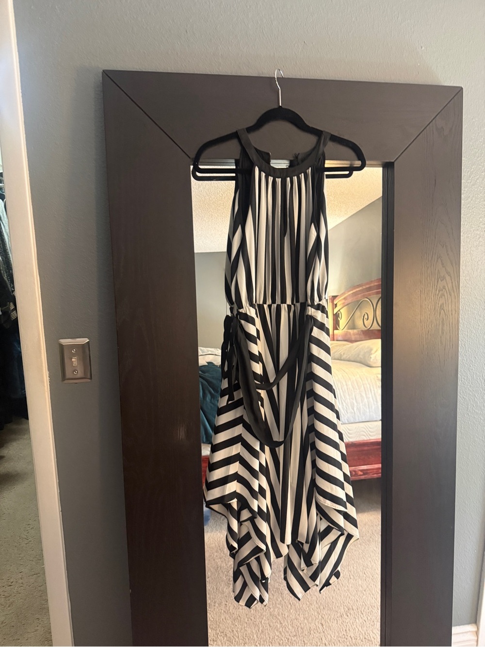 Black & White Striped Halter Dress - Elegant Asymmetric Hem